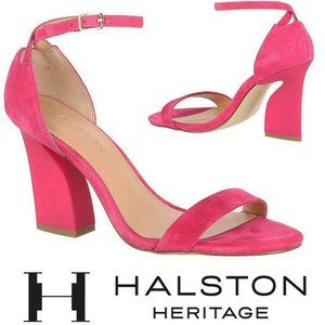 HALSTON HERITAGE Mandi Ankle Strap SANDALS 7 Hot Pink Suede Chunky Heel NEW
